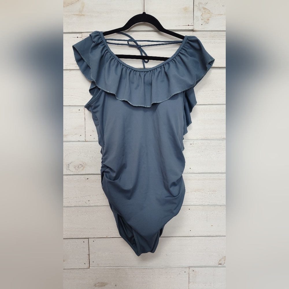 Ruffle Off-Shoulder One-Piece Swimsuit - Slate Blue